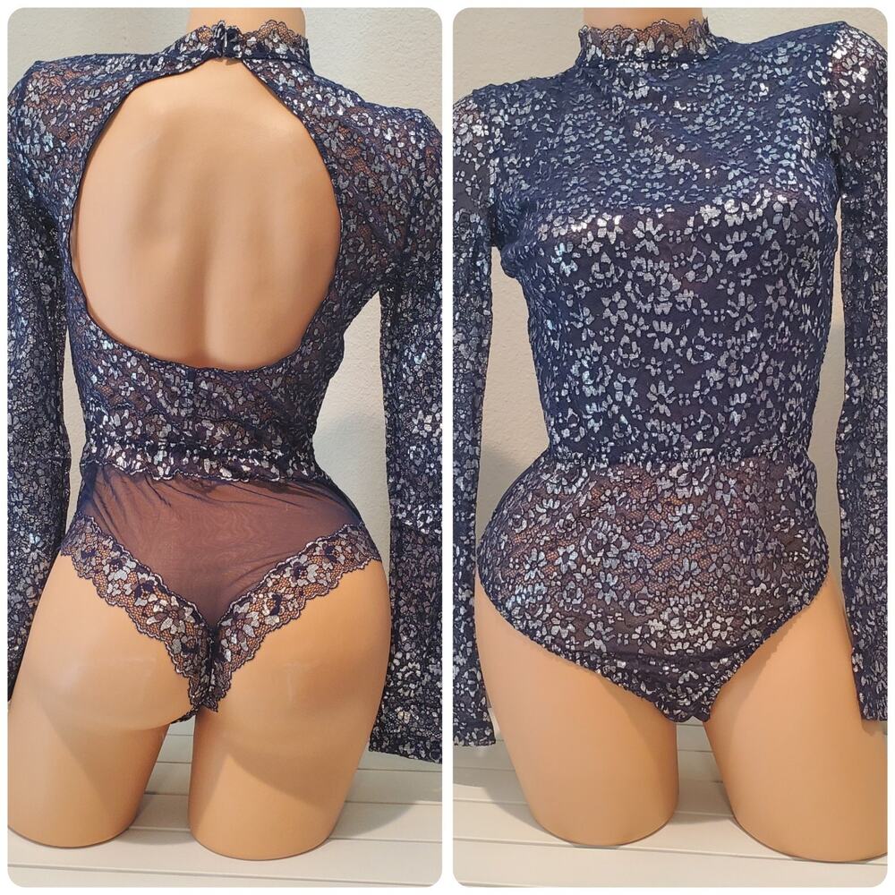 Victoria's Secret Vintage Shiny Teddy Bodysuit Snap Gusset Blue Silver 6/M